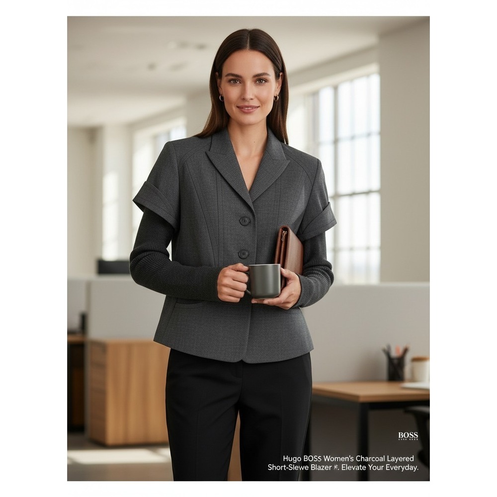 Hugo Boss Women's Charcoal Layered Short‑Sleeve Blazer Knit Long Sleeves US 14